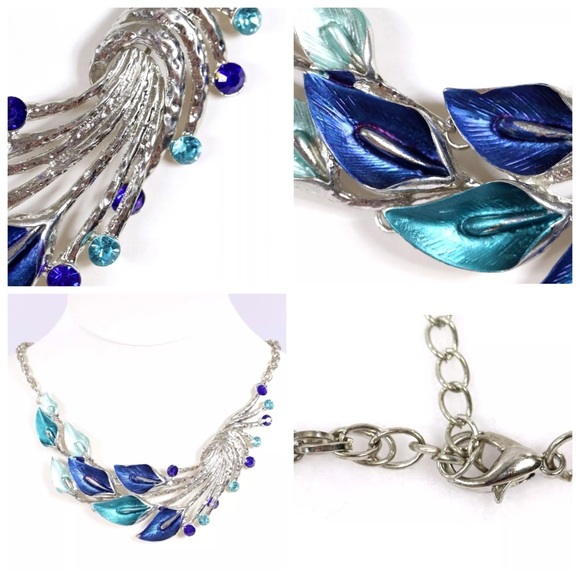 Art Deco Leaf Petal Teal Blue Green Necklace D16 - Picture 4 of 4