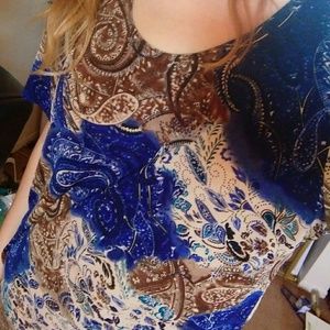 Brown, tan, and blue galaxy t shirt top