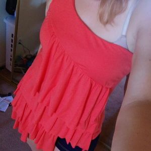 Coral / Orange ruffle one sleeve cold shoulder top