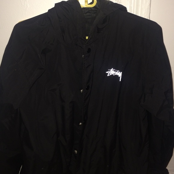 Black stussy windbreaker trench coat