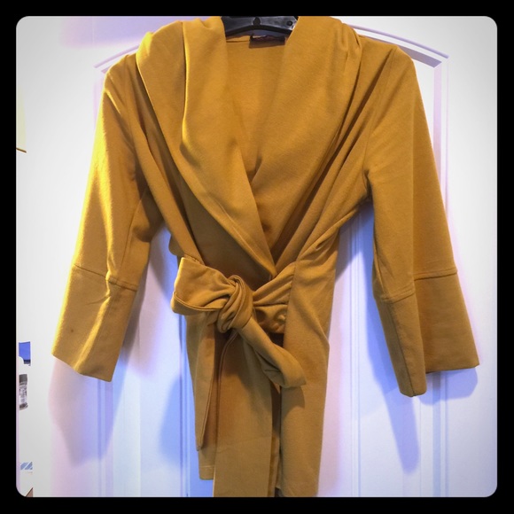 Mustard yellow belted cardigan with hood