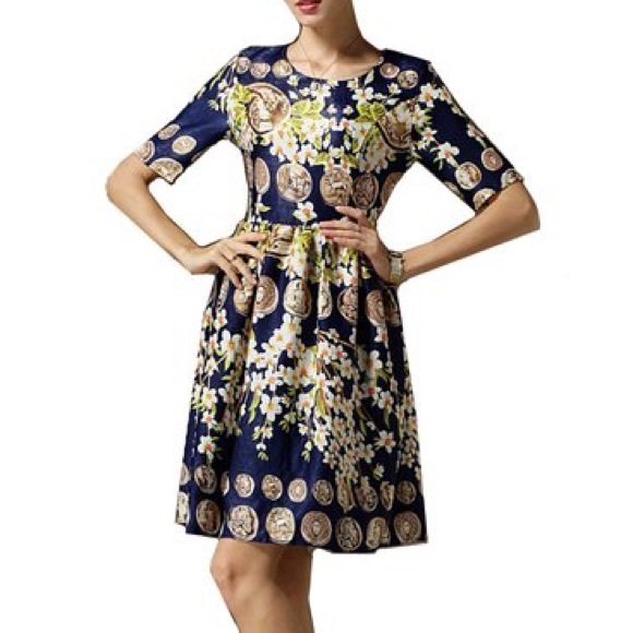 Satin Coins Pattern Fit and Flare Dress