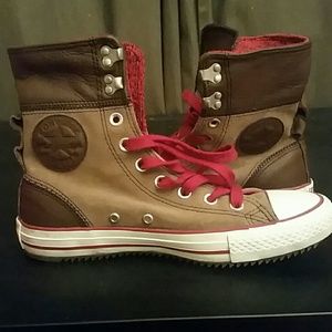 Brown and tan leather and suede converse