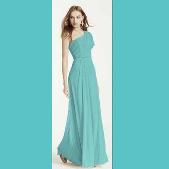 Mint one shoulder mesh/chiffon gown.