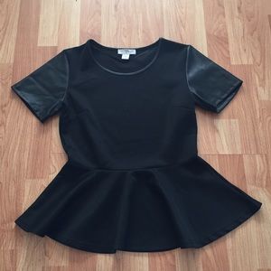 CottonOn Black Peplum top w/ Faux Leather Sleeves