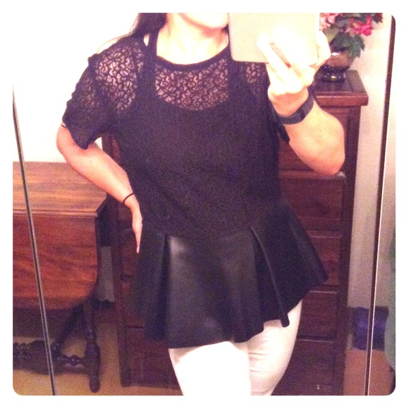 Bisou Bisou Tops - Black leather peplum and lace top