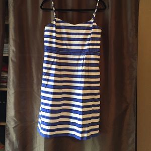 Blue and white striped black dress