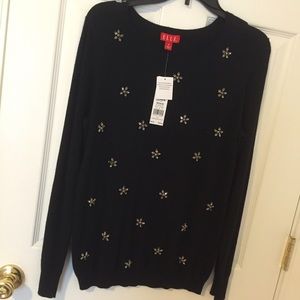 Black Elle Sweater w/ Rhinestone Flowers