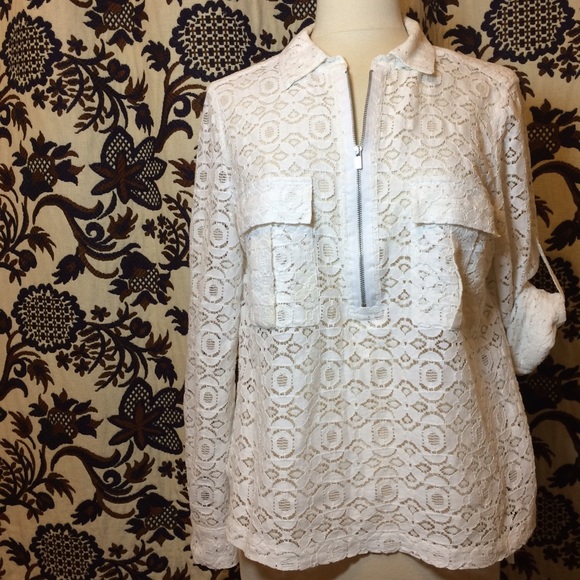 BCBG all lace ivory top with zipper and roll cuffs - Picture 2 of 4