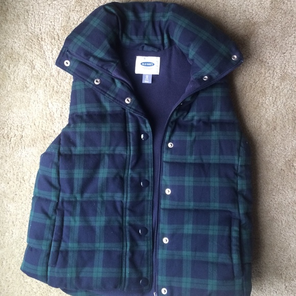 Navy blue and green plaid vest