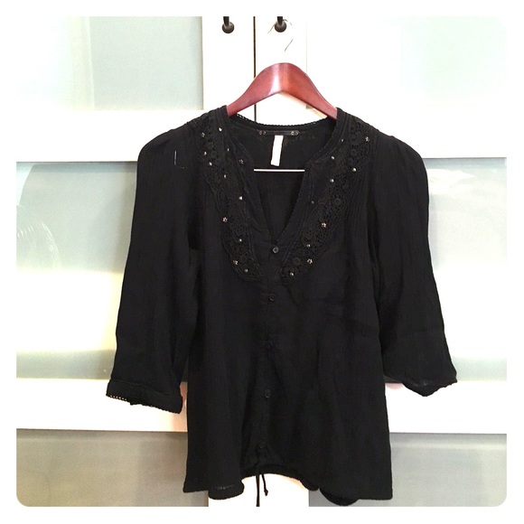 Free People Black Blouse with embellished neckline