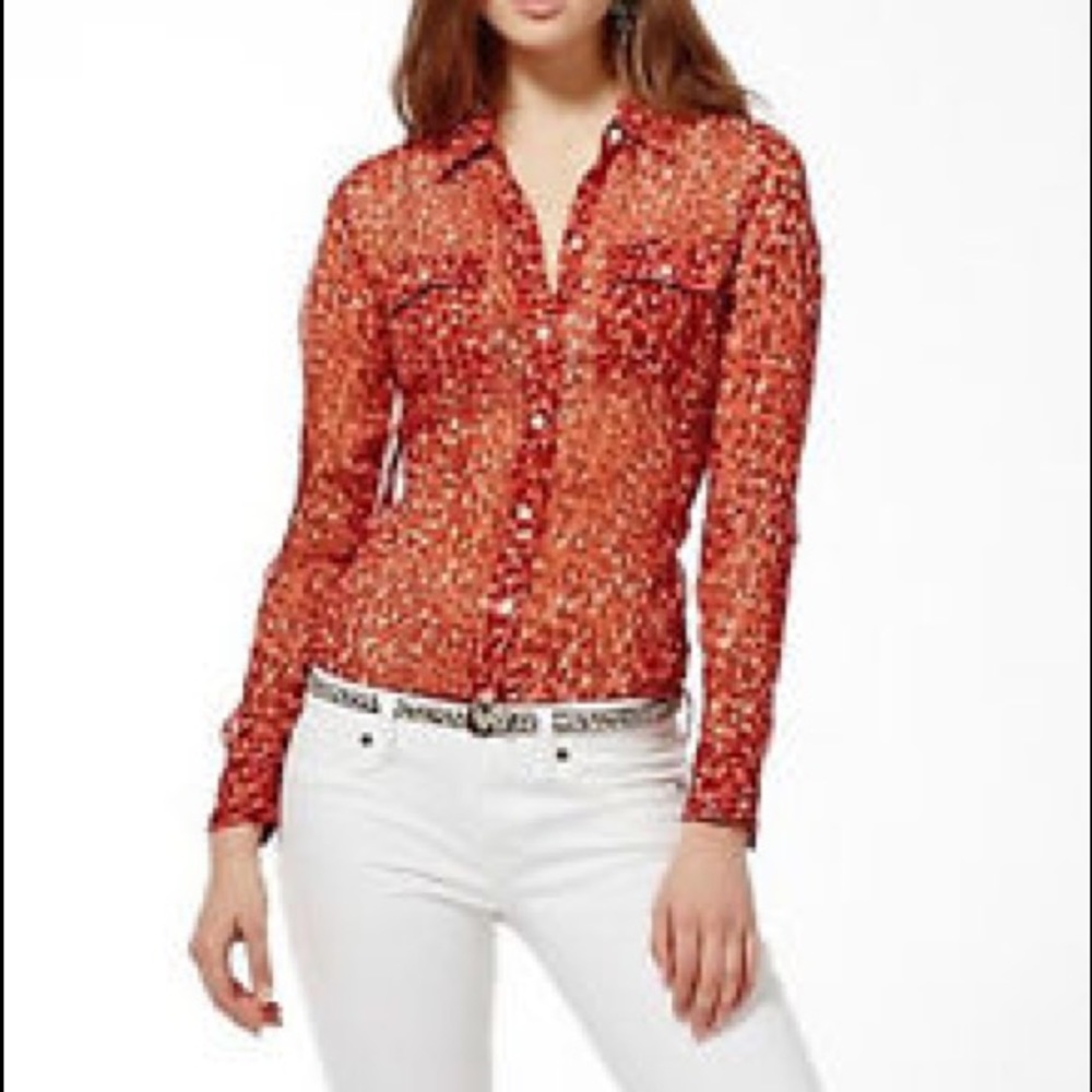 Sheer Lucky Brand red leopard button down blouse