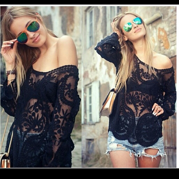 Long sleeve black lace shirt NWOT