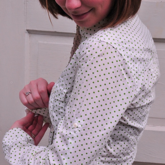 White with green polka dot button down