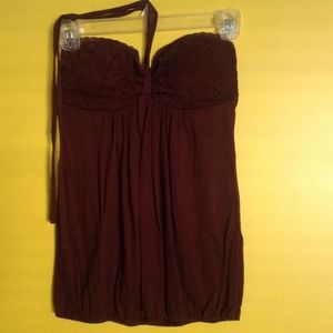 Chocolate brown knit halter top with neck tie