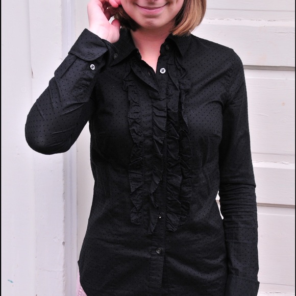 Black cotton button down with ruffle and polka dot