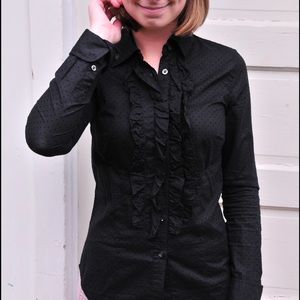 Black cotton button down with ruffle and polka dot