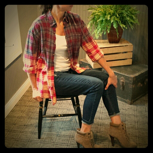 *SOLD* Dip Dye Dyed Flannel Plaid Ombre Shirt