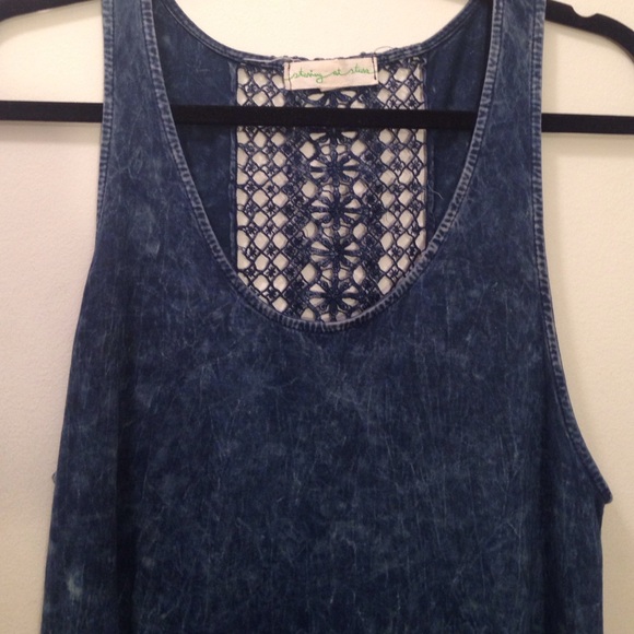 Acid Wash Navy Tank Top with Crocheted Back - Picture 2 of 3