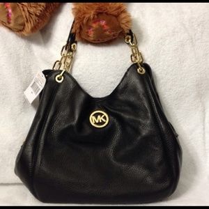 Mk fulton chain leather shoulder bag tote black