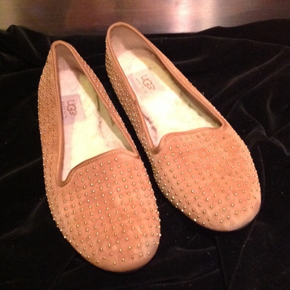 UGG Shoes - UGG Tan Suede Bronze Studded Fur Lined Flat Shoes