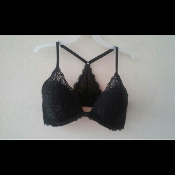 Black razorback front closure bra.
