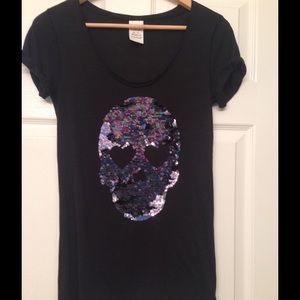 Victoria's Secret PINK Sequin Skull T Shirt Black