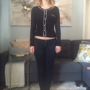 Black cardigan with lace and pearl detail