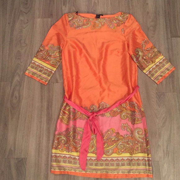 Orange and Print 3/4 Sleeve Dress with belt sash
