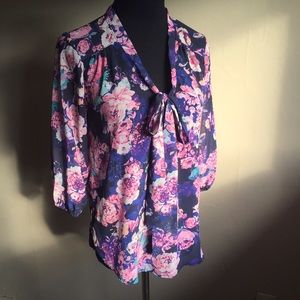 Floral Chiffon Blouse with Bow Neck