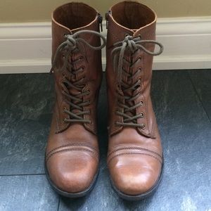 Brown combat boots. Always worn with socks!