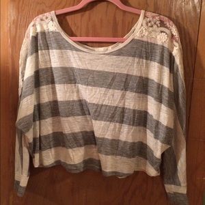 Grey and white stripped top.
