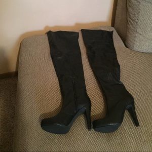 BCBG "Flashy" Platform black over the knee boots