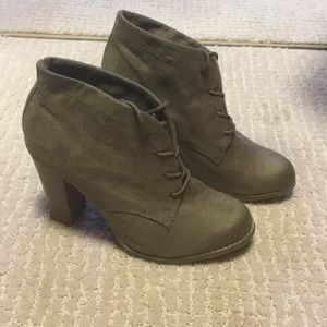 Gray faux suede heeled booties