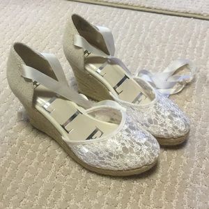 Lace up cream wedges