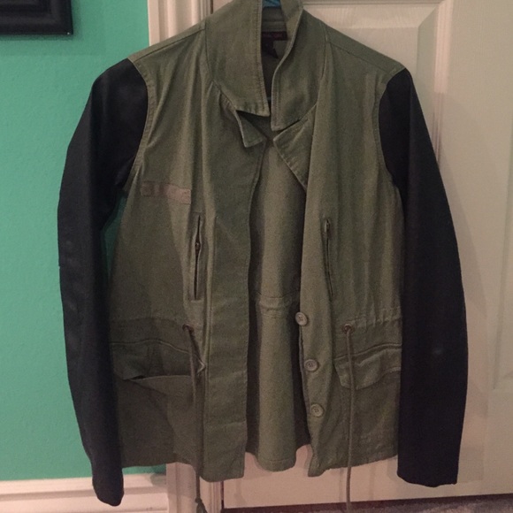 army green jacket with leather sleeves