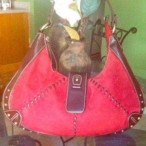 Tommy Hilfiger Red Suede/Brown Leather Tote Bag