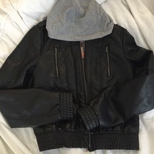 Faux leather jacket with removable gray hood