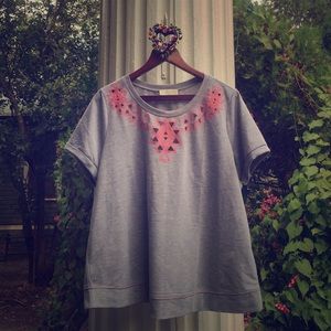Gray T With Pink Geometric Embroidery + Cut Outs