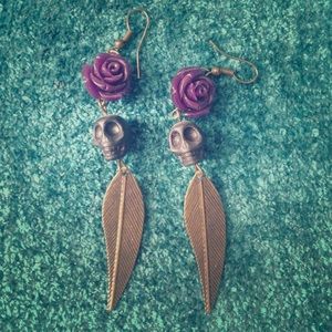 Rose Skull Feather Earrings