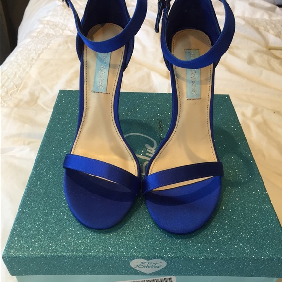 Blue satin ankle strap heels