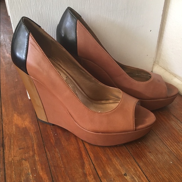 BCBG Paris Tan Block Color Peep Toe Wedges