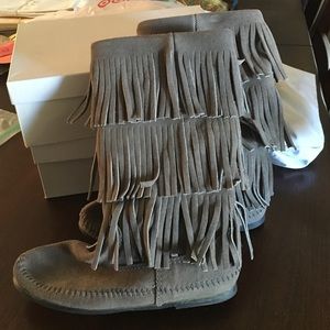 Grey fringe Minnetonka leather boots