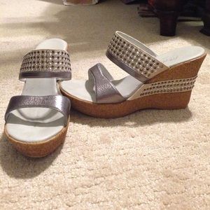 Gunmetal Silver and Taupe Strappy Wedge Sandals