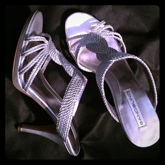 Sparkly silver woven leather heeled sandals