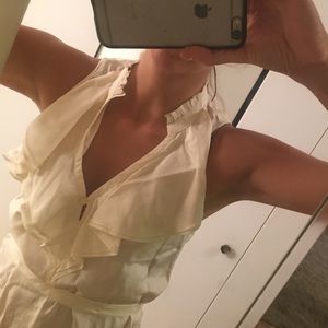 Silky ruffle top cream vneck work top