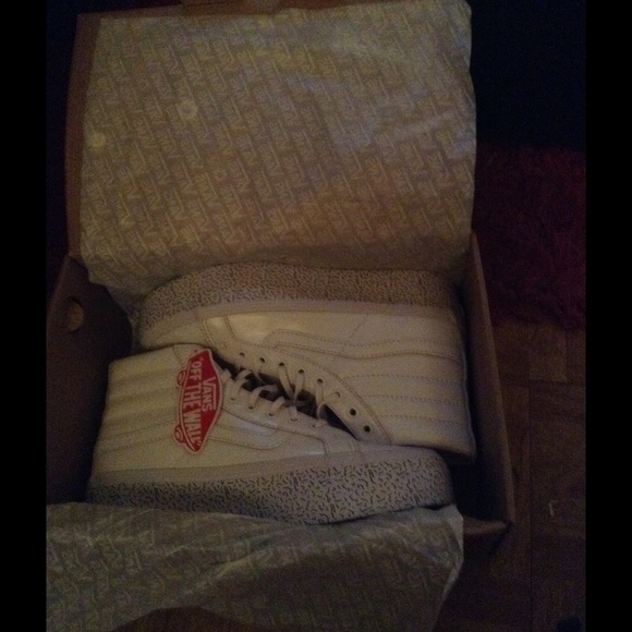 Vans x Nasty Gal. White leather hi top platforms.