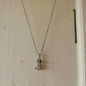 Silver owl charm necklace with blue eyes