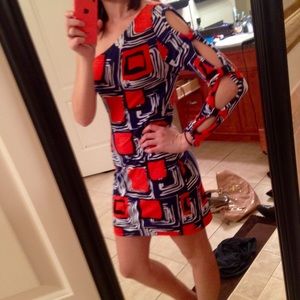Orange and blue one sleeve dress