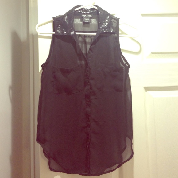 Sheer black top with sequined collar